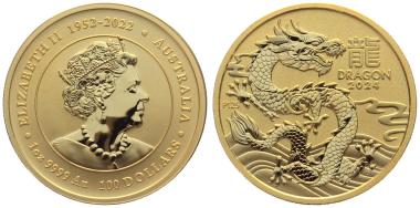 Preview: Australien 100 Dollar 2024 – Jahr des Drachen – 1 Unze Feingold