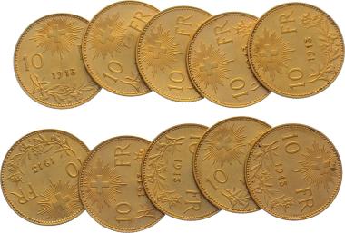 10 Franken Goldvreneli - Lot mit 10 Stück Jg. 1913