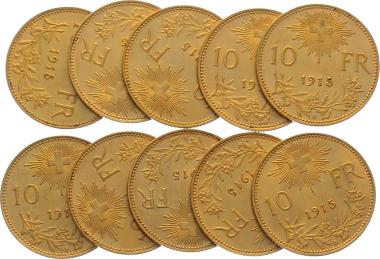 10 Franken Goldvreneli - Lot mit 10 Stück Jg. 1915