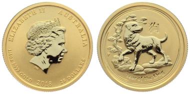 Preview: Australien 25 $ 2018 Jahr des Hundes - 1/4 Unze Feingold