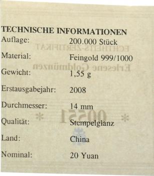 China 20 Yuan 2008 Panda - 1/20 Unze Feingold