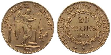 Preview: Frankreich 20 Francs 1895 A - Genius & kleiner Hahn