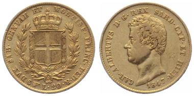 Preview: Sardinien 20 Lire 1847 - Car. Albertus