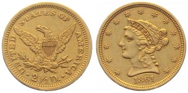 Preview: USA 2 1/2 $ 1861 o. Mzz. - Coronet Head - Bürgerkriegsjahrgang