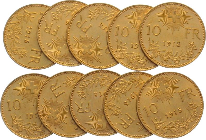 10 Franken Goldvreneli - Lot mit 10 Stück Jg. 1915