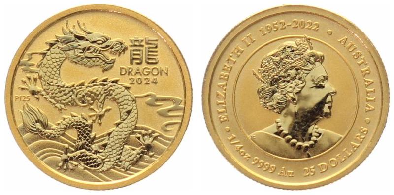 Australien 25 $ 2024 Jahr des Drachen - 1/4 Unze Feingold