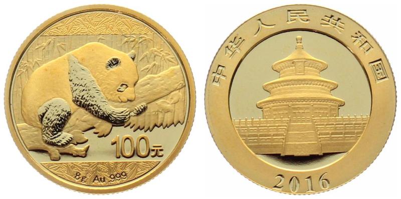 China 100 Yuan 2016 Panda - 8 Gramm Feingold