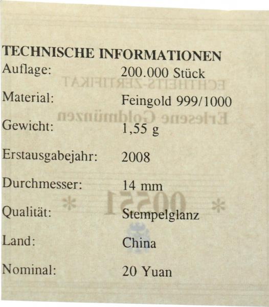China 20 Yuan 2008 Panda - 1/20 Unze Feingold