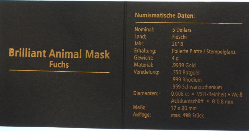 FIDSCHI FIJI 5 DOLLARS 2018 "BRILLANT ANIMAL MASK FOX - FUCHS"