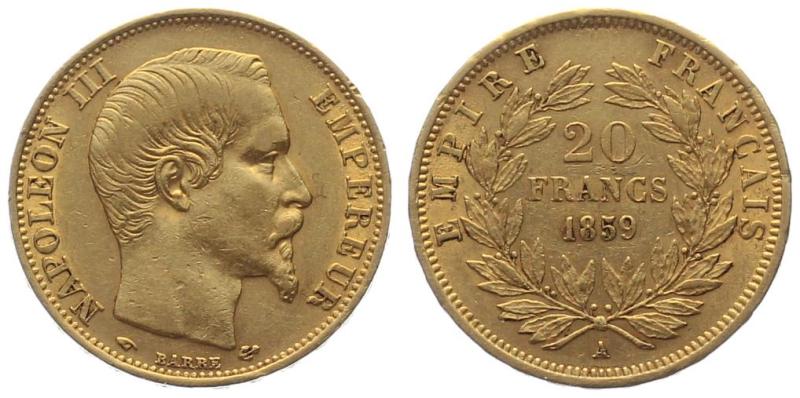 Frankreich 20 Francs 1859 A - Napoleon III.