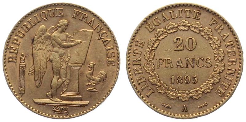 Frankreich 20 Francs 1895 A - Genius & kleiner Hahn