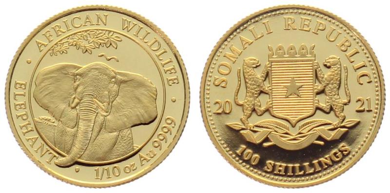 Somalia 100 Shillings 2021 Elefant - 1/10 Unze Feingold